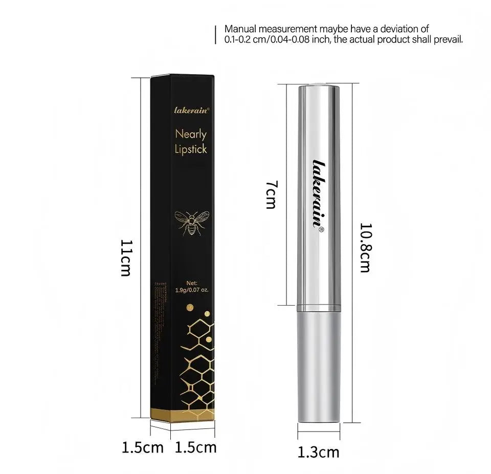 Lakerain honey colorless moisturizing lip balm in silver tube with bee-patterned black packaging box, size reference.