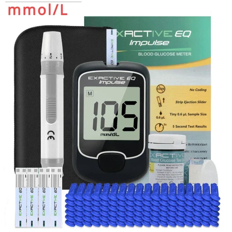 EXACTIVE EQ Impulse blood glucose meter kit with lancing device, test strips, and lancets for diabetes home monitoring.