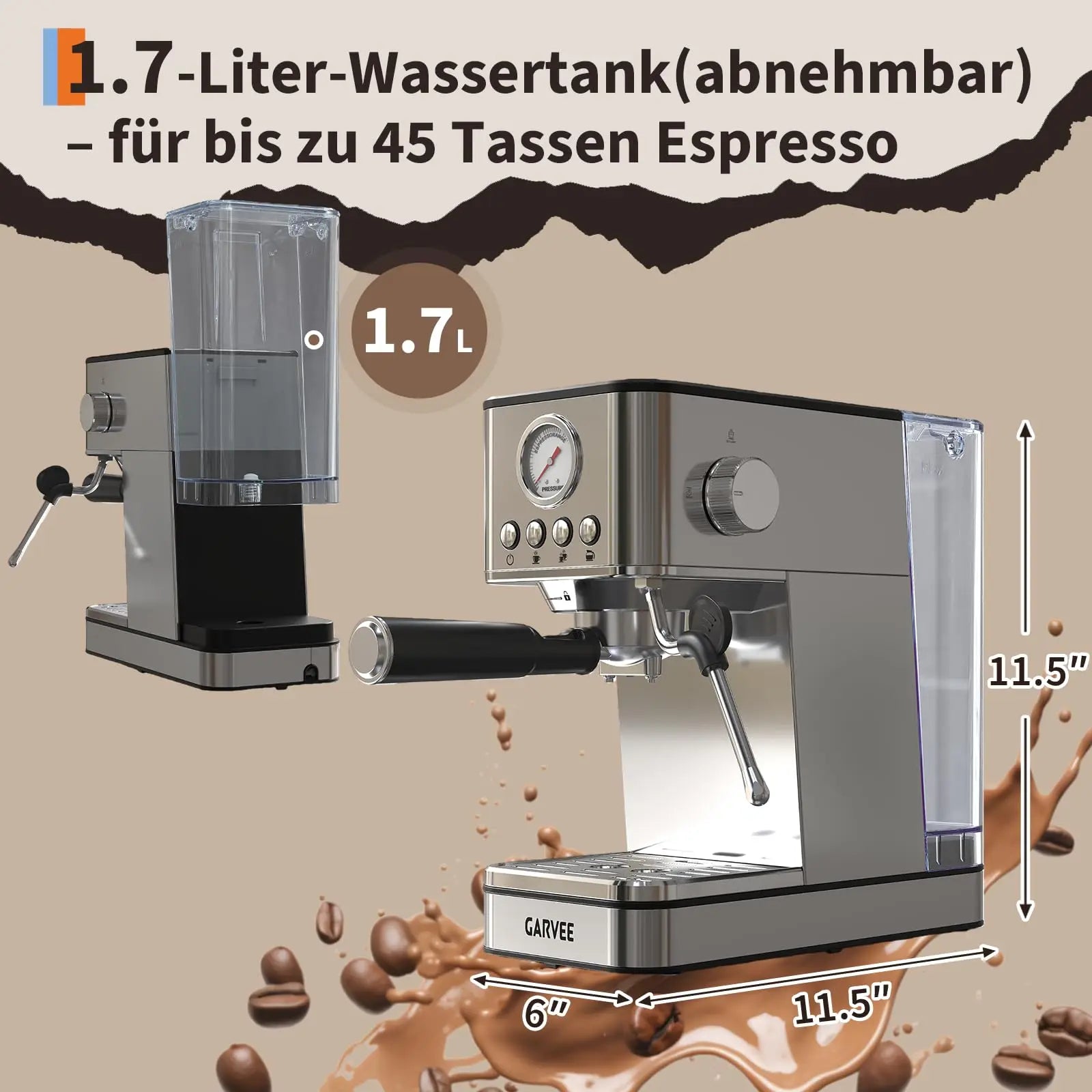 Garvee stainless steel espresso machine with 1.7L detachable water tank, pressure gauge, and steam wand.
