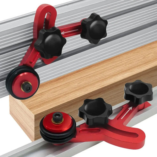 Woodworking bearing roller stock guide set: red frame, black knobs, roller wheels, on a rail