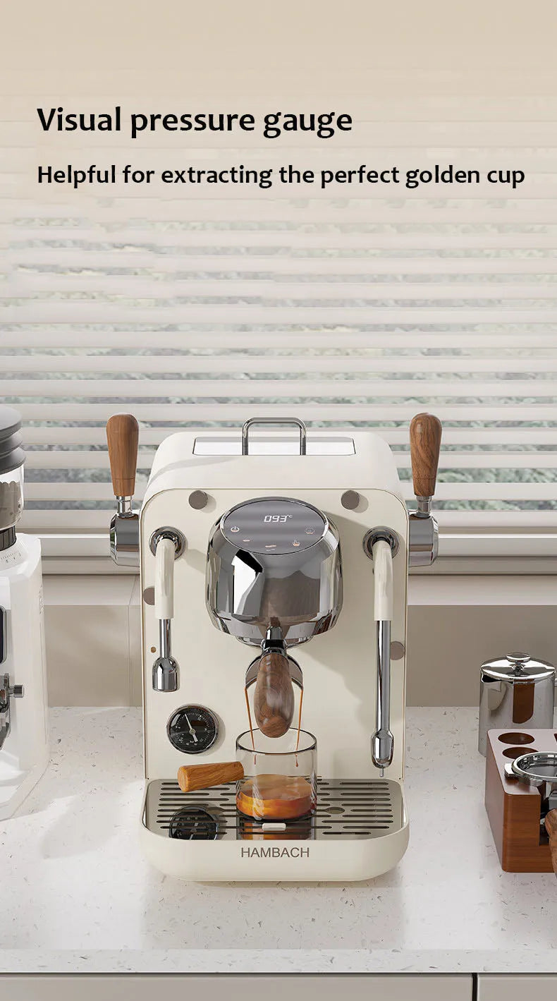 Hambach cream espresso machine with chrome accents, wooden handles, digital display, and analog pressure gauge.