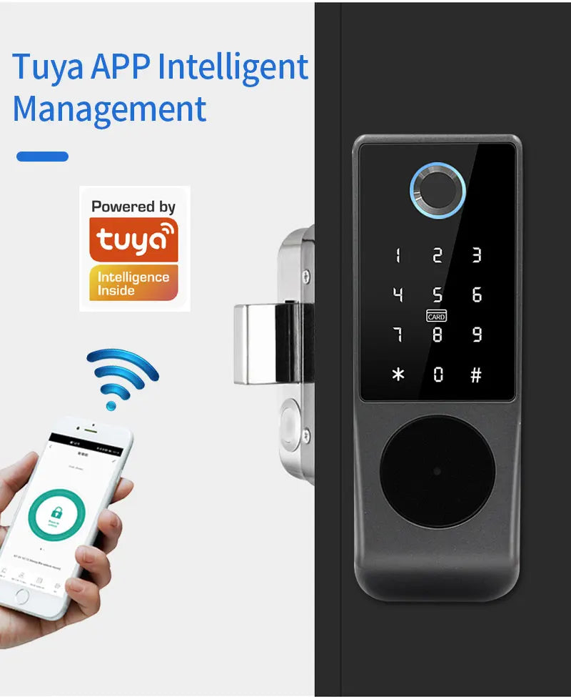 Waterproof Tuya Smart Double Side Fingerprint Lock Keyless Entry Motor Rim Door Lock 2.4G Wifi Remote Control with Alexa Echo