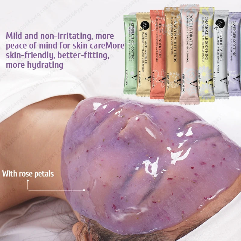 A person wears a purple, rose-petal-infused peel-off jelly mask, with various powder packets displayed above.