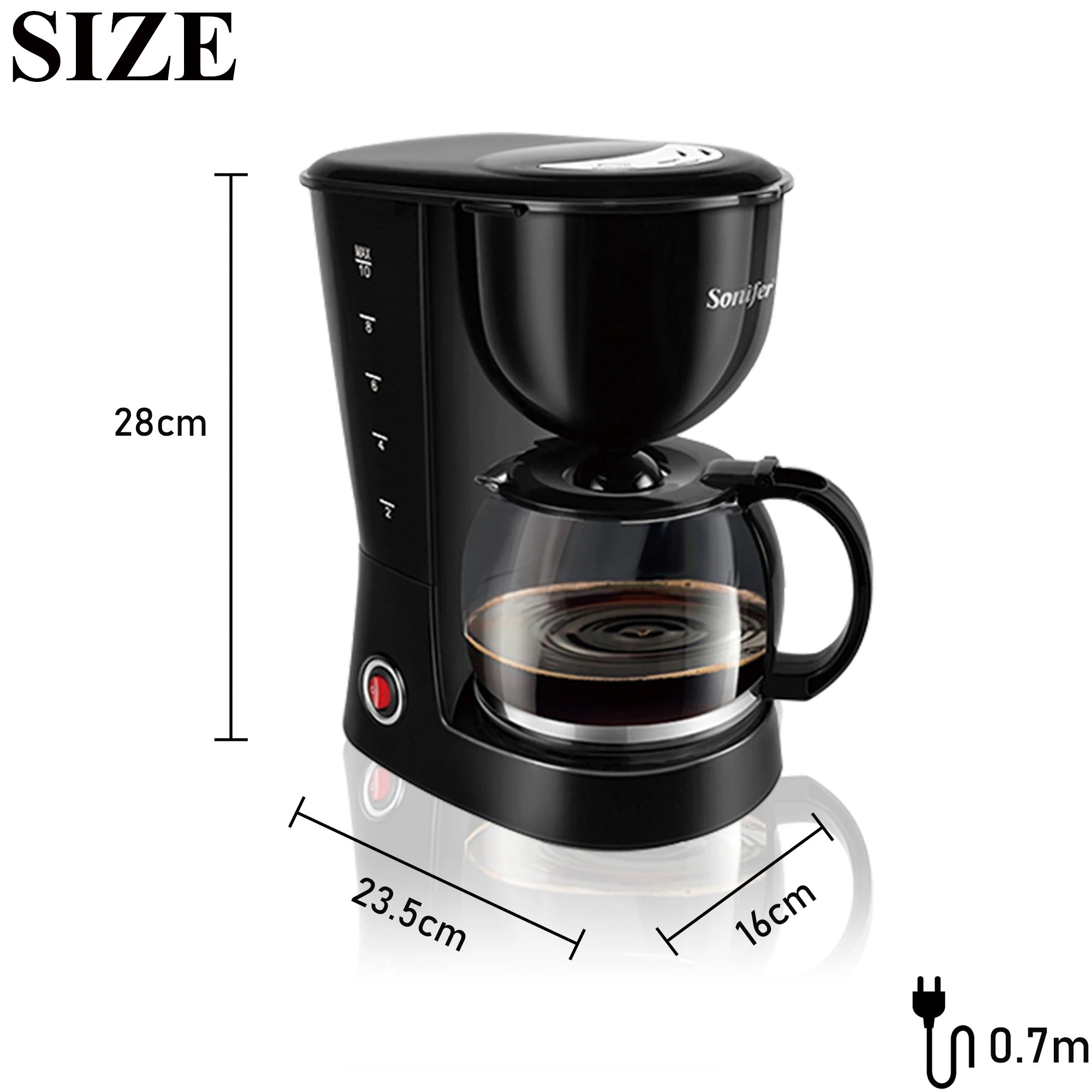 Sonifer black 10-cup drip coffee maker with glass carafe, 28cm tall, including dimensions and power cord length.