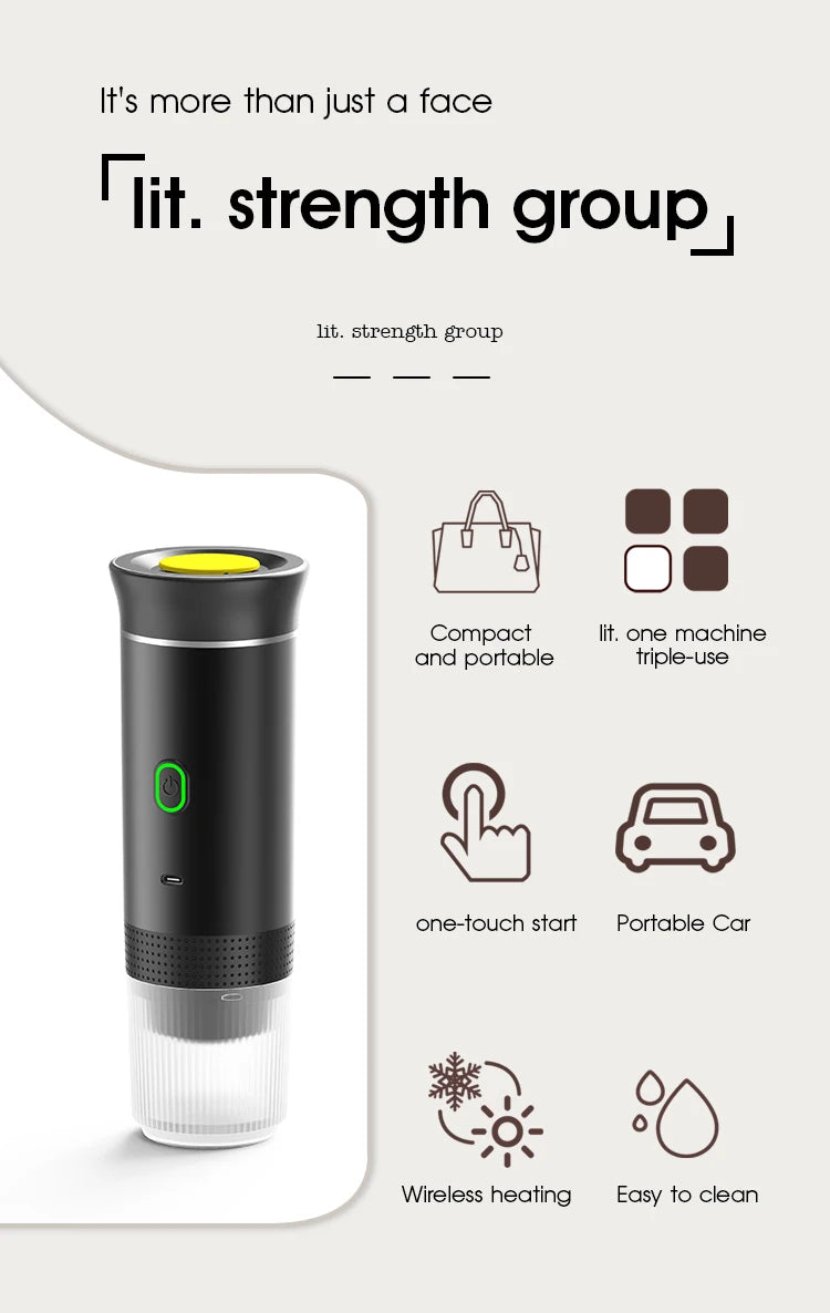 Tidesmit 3-in-1 portable espresso machine for car and camping, showing side profile and detachable water tank design