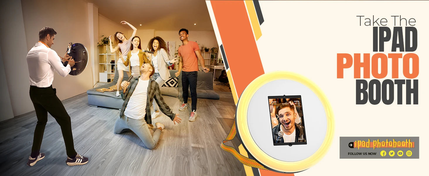 Round, white iPad photo booth with a built-in ring light, shown in a home party setting with people posing.