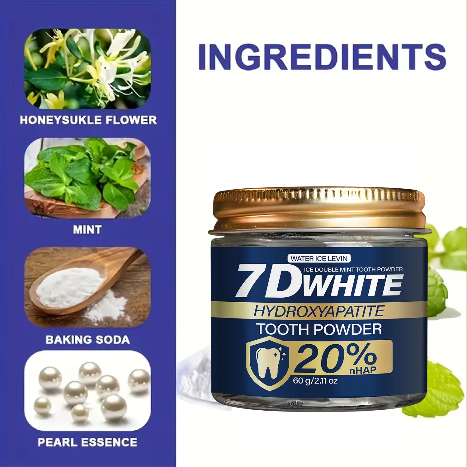 Tidesmit 7D White Hydroxyapatite Tooth Powder with 20% nHAP, activated charcoal, and refreshing mint.