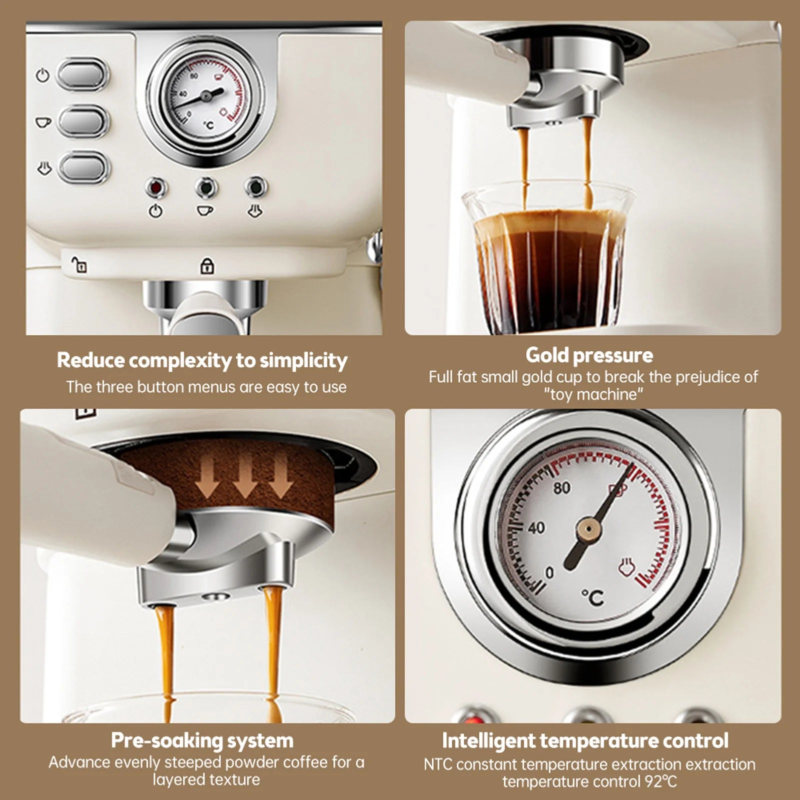 Cream-colored espresso machine with temperature gauge, stainless steel portafilter, and intelligent extraction control.