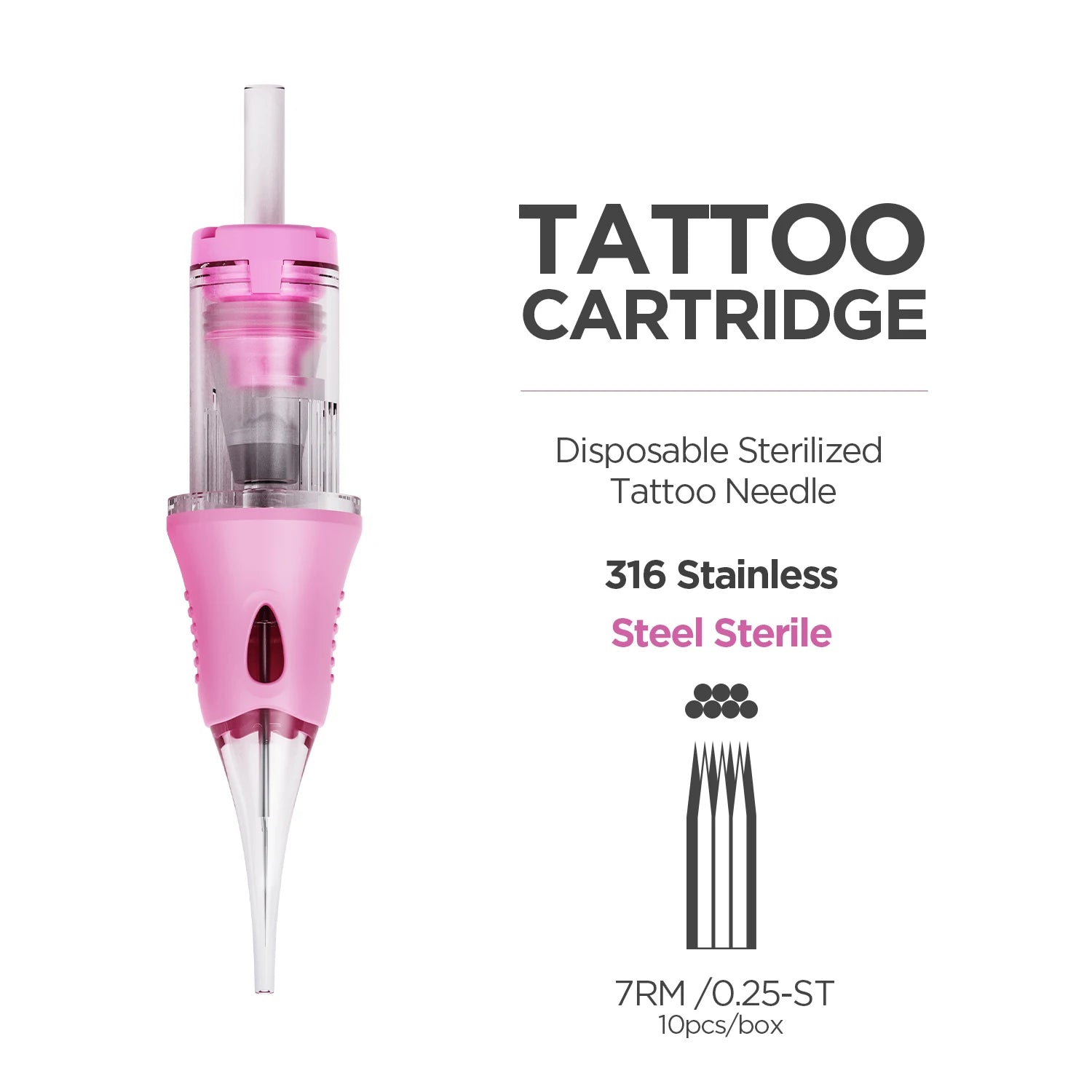 Pink 7RM tattoo needle cartridge made of 316 stainless steel with a clear plastic tip for precision tattooing.