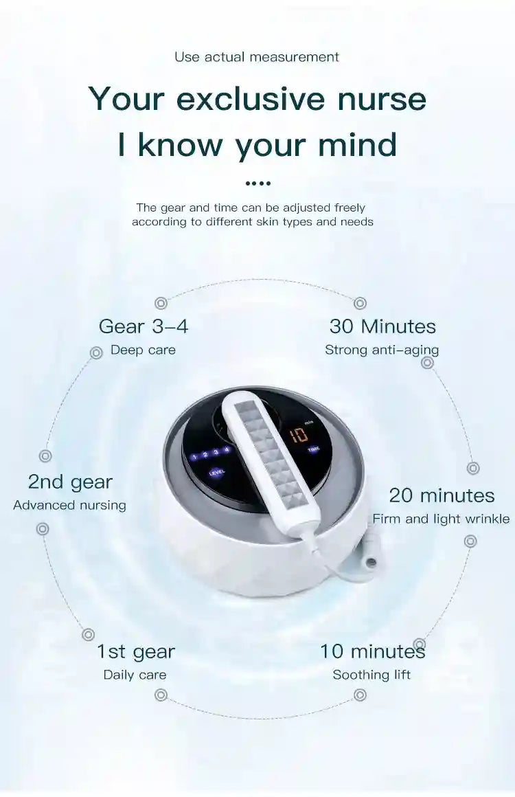 White facial lifting device with a diamond-patterned base and a digital control panel, connected to a handheld wand.