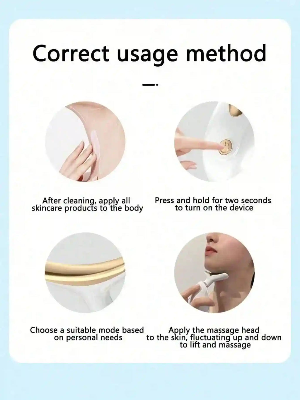 Instructional graphic showing a white and gold facial massager being used on the neck and jawline.