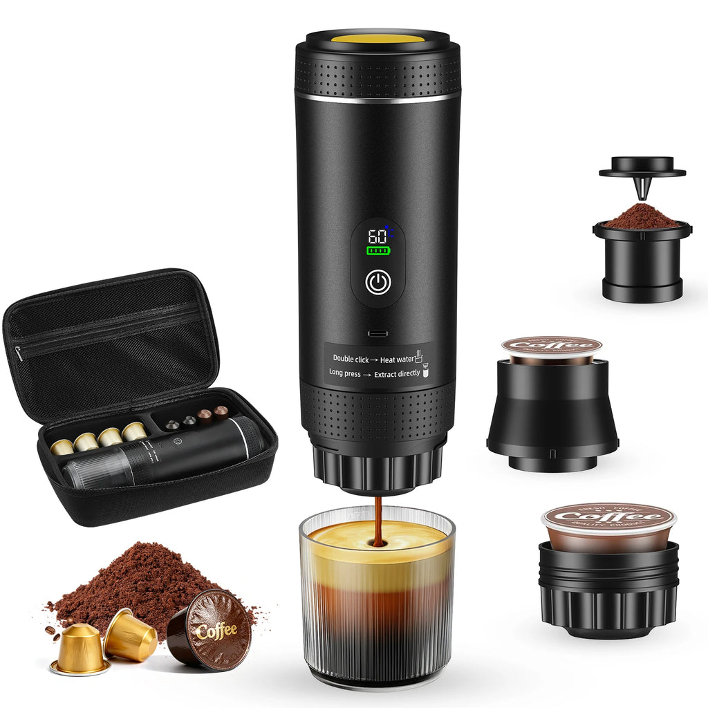 Black portable electric espresso maker with digital display, coffee grounds and capsule adapters, plus travel case.
