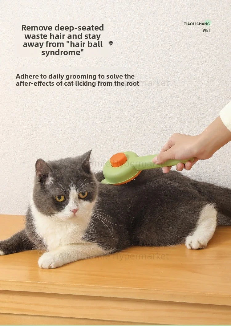 Green cat grooming brush removing loose hair from a grey and white cat for easy pet hair removal.