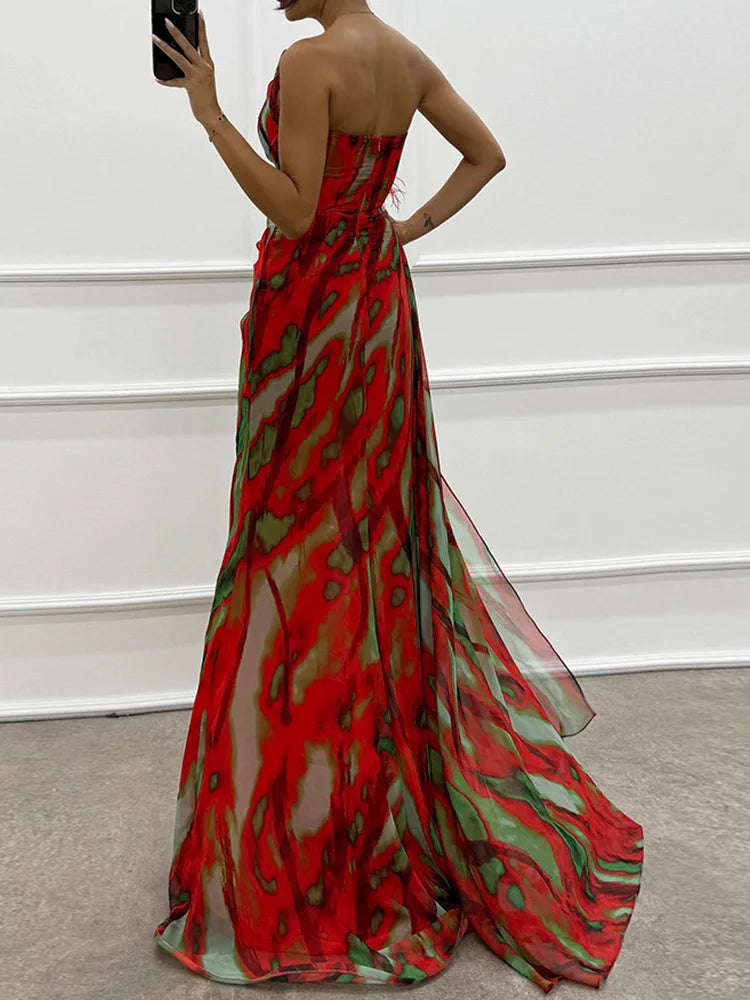 Printed Skew Collar Simple Party Dress, Women Summer Patchwork Sleeveless Elegant Maxi Dress, 2024 Backless Fashion Ladies Dress