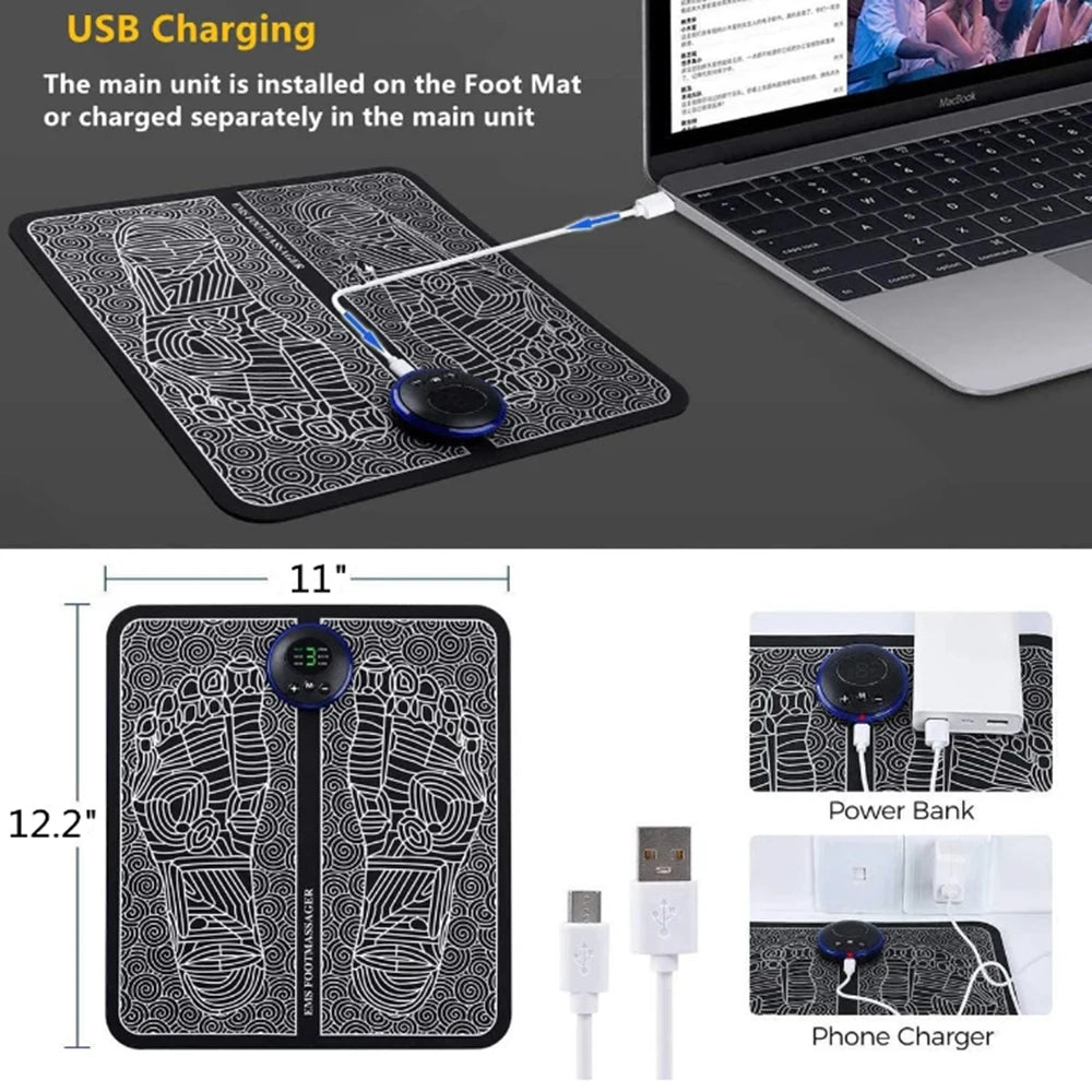 Portable EMS electric foot massager mat with USB charging, foldable design, and digital display for muscle pain relief.