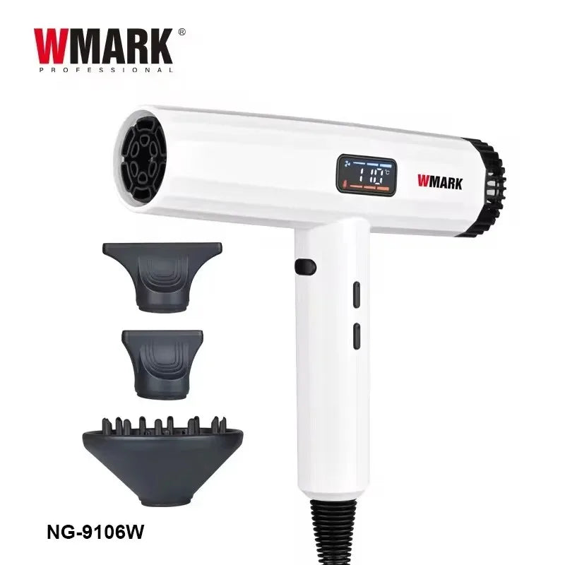 WMARK NG-9106W professional white hair dryer with LED display, heat controls, and three styling attachments included.