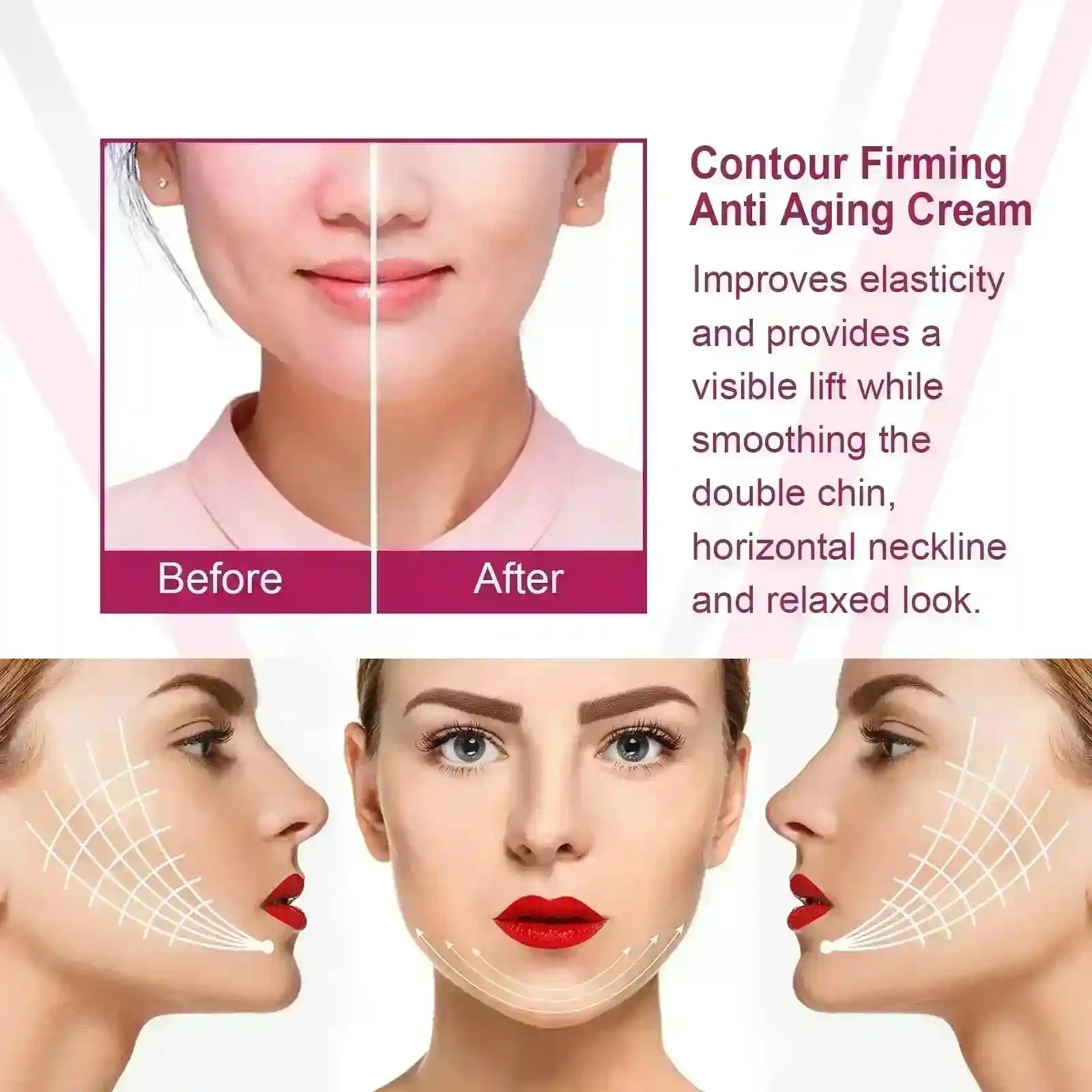 Before and after comparison of a woman's face and side profile showing skin firming and V-line lifting effects.