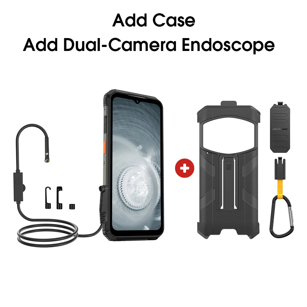 Ulefone Armor 21 rugged phone bundle with endoscope camera and protective case, front view, black smartphone design.