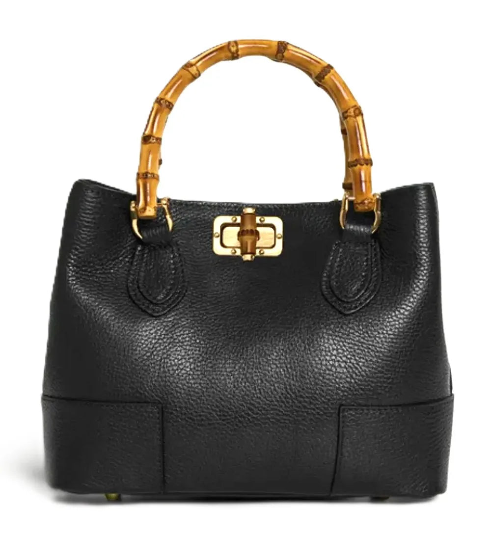 Black pebbled genuine leather designer handbag with bamboo top handle and gold bamboo-style turn-lock closure.