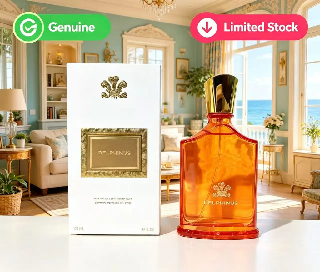 Delphinus unisex EDP perfume in orange glass bottle with gold cap. Luxury fragrance spray for men and women, 100ml.