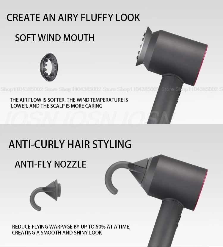 Grey leafless negative ion hair dryer with soft wind mouth and anti-flyaway nozzle for smooth, professional styling.