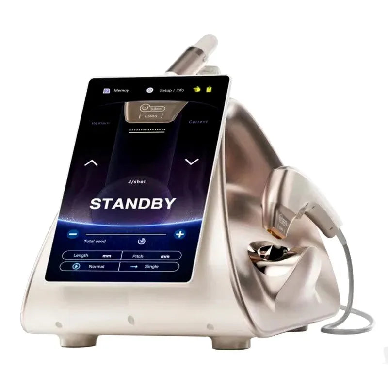 Professional 12D facial and body lift machine with touchscreen display, gold finish, and handheld skin tightening wand.