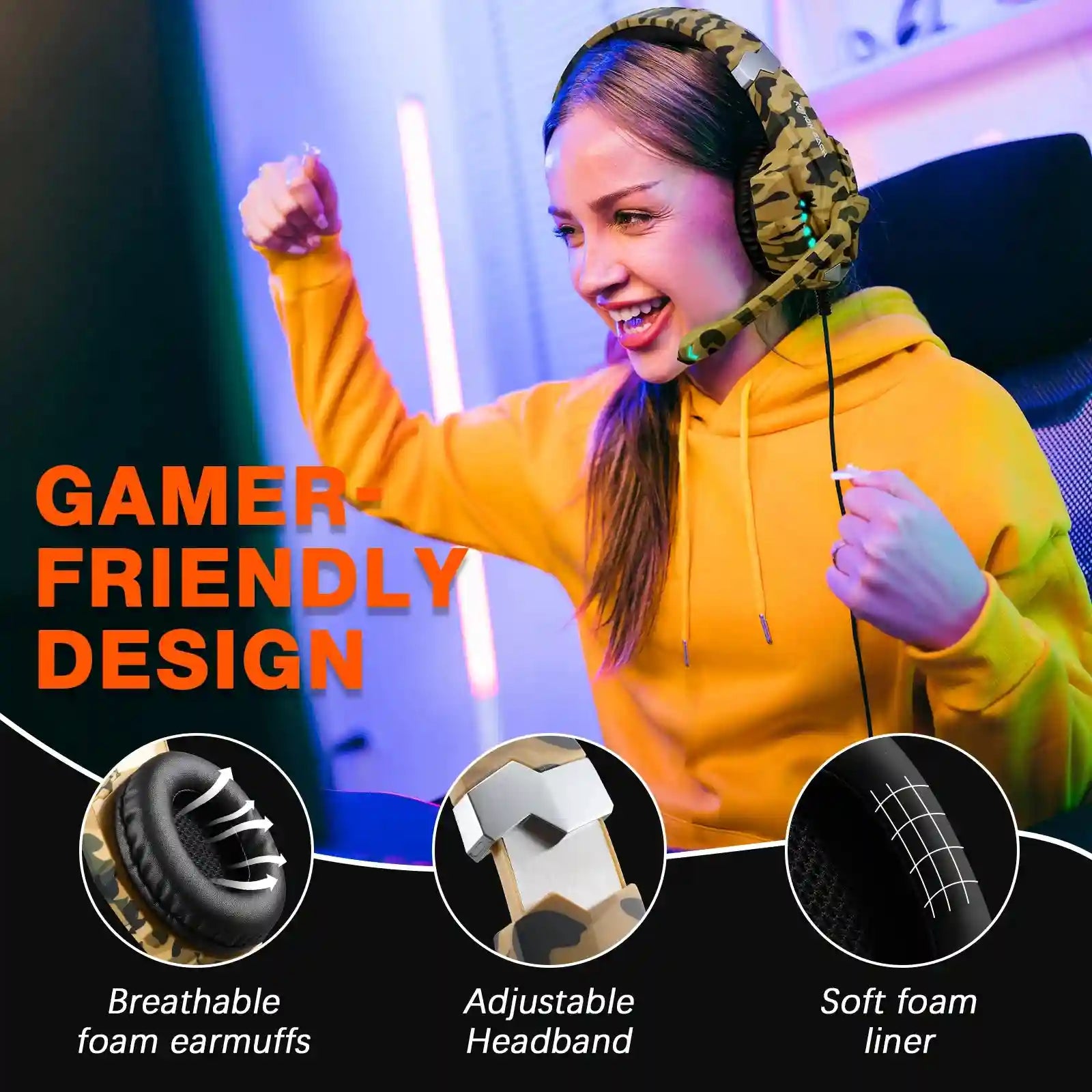 Gaming Headphones with Microphone - Yellow Camo Wired Over-Ear Headset Tidesmit