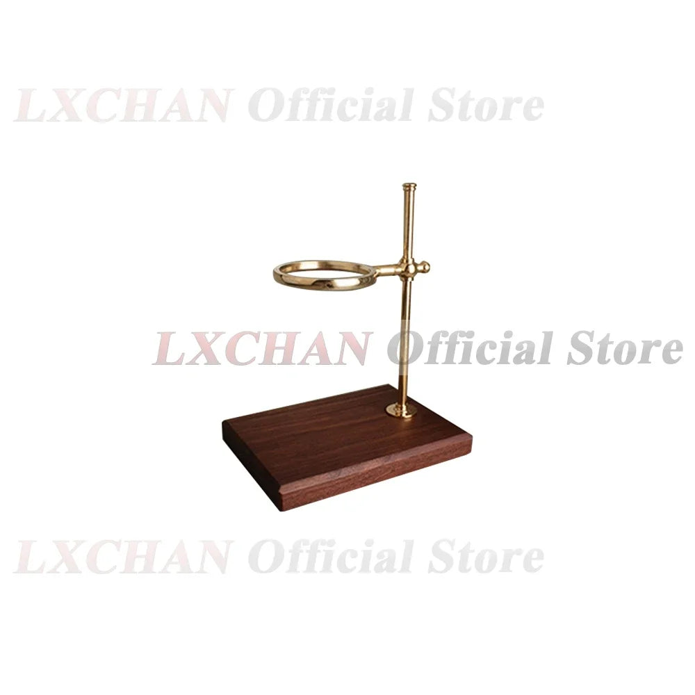 LXCHAN adjustable brass pour-over coffee dripper stand with a dark walnut wood base.