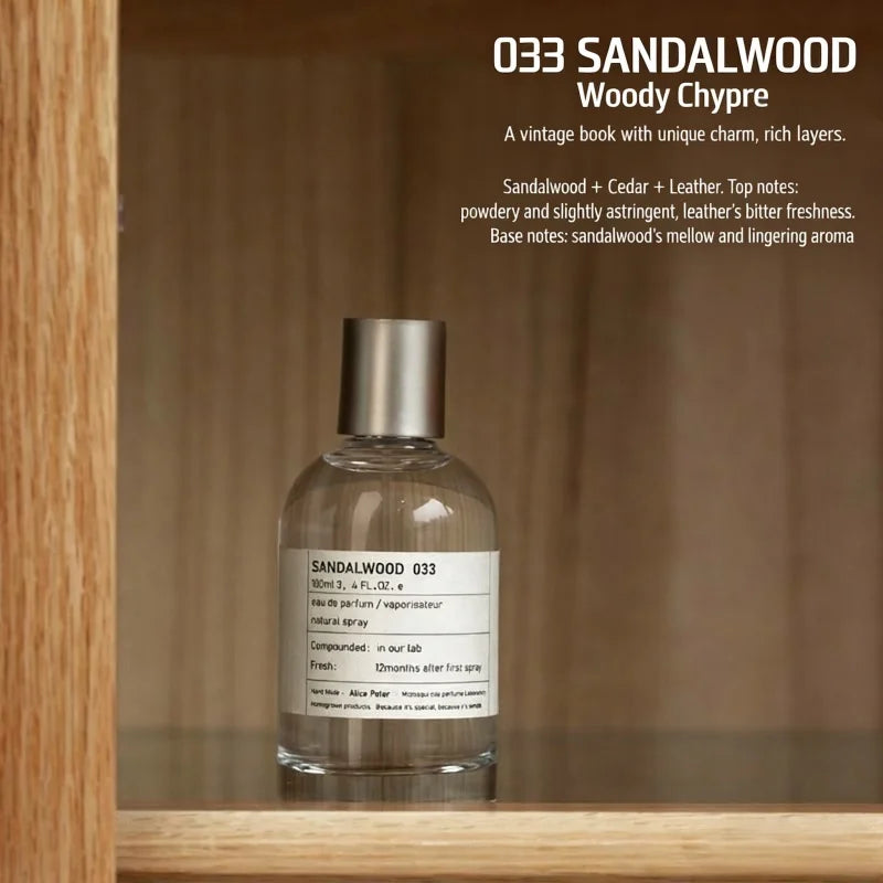 033 Sandalwood Unisex EDP: 100ml clear round glass bottle, woody chypre scent with cedar, leather, and sandalwood notes.