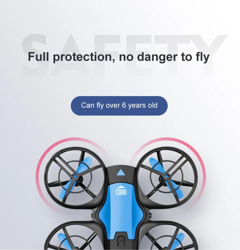 Blue and black toy drone for children with guarded propellers for safe indoor flight.