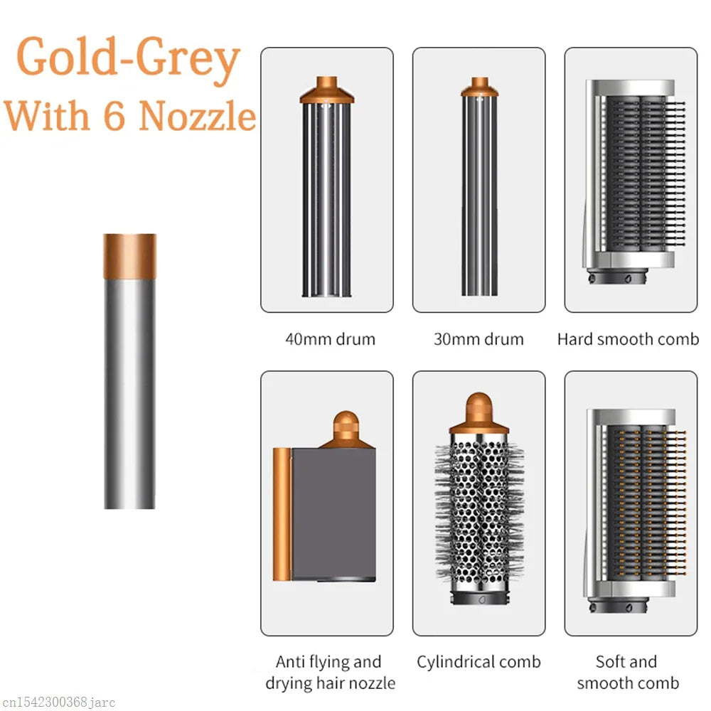 SenCiciMen X9 gold-grey 6-in-1 hot air styler set with curling barrels, round brush, and smoothing nozzle attachments.