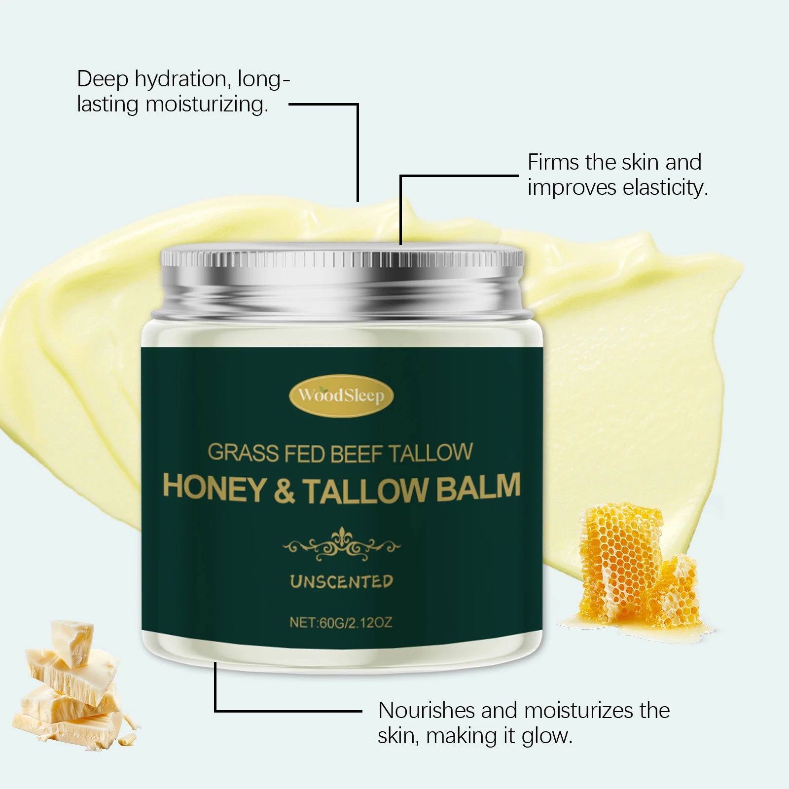 Woodsleep Organic Grass Fed Beef Tallow Balm Lifting Facial Rejuvenation Deep Hydration Face Care Unscented Tallow Honey Cream