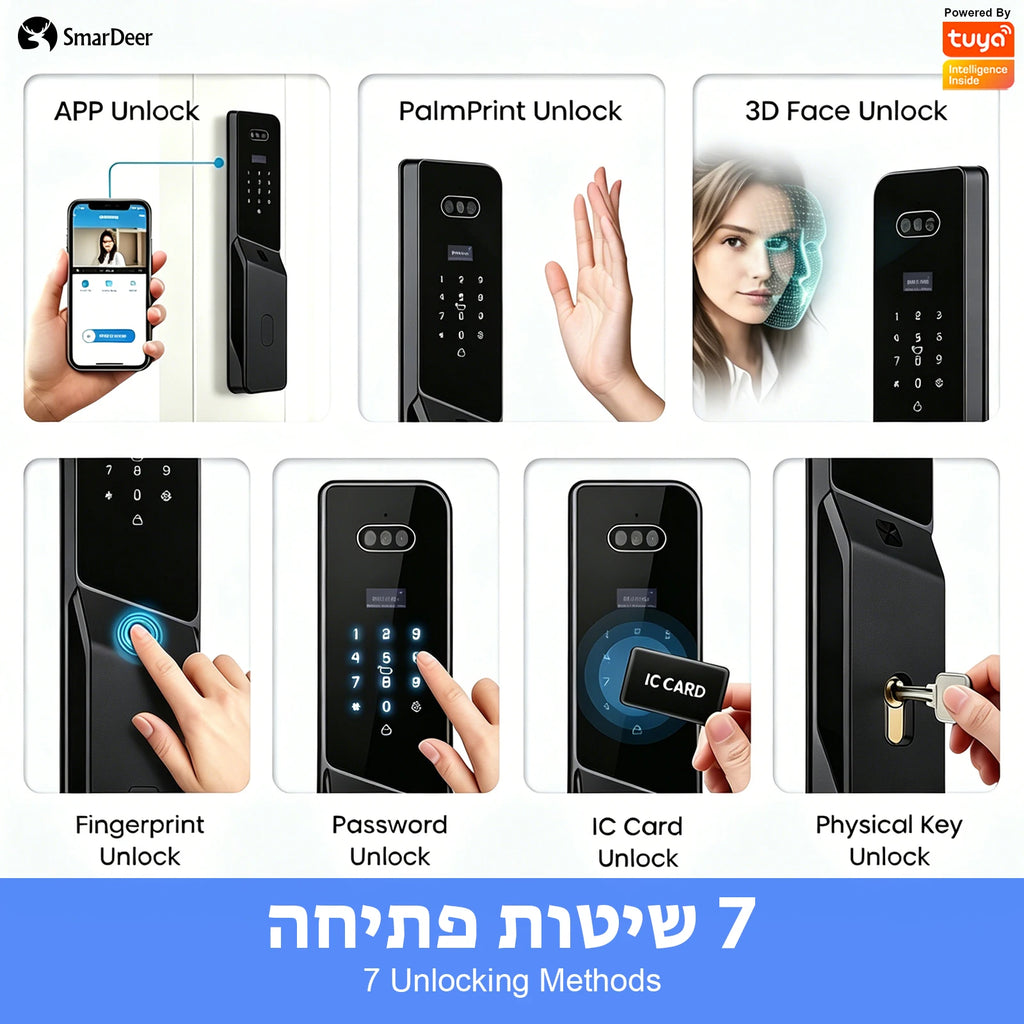 SmarDeer ﻿IS 6590 IP66 Waterproof Outdoor Smart Lock,Face & Palm Vein Recognition lock with Hebrew Menu,Tuya App Video Call