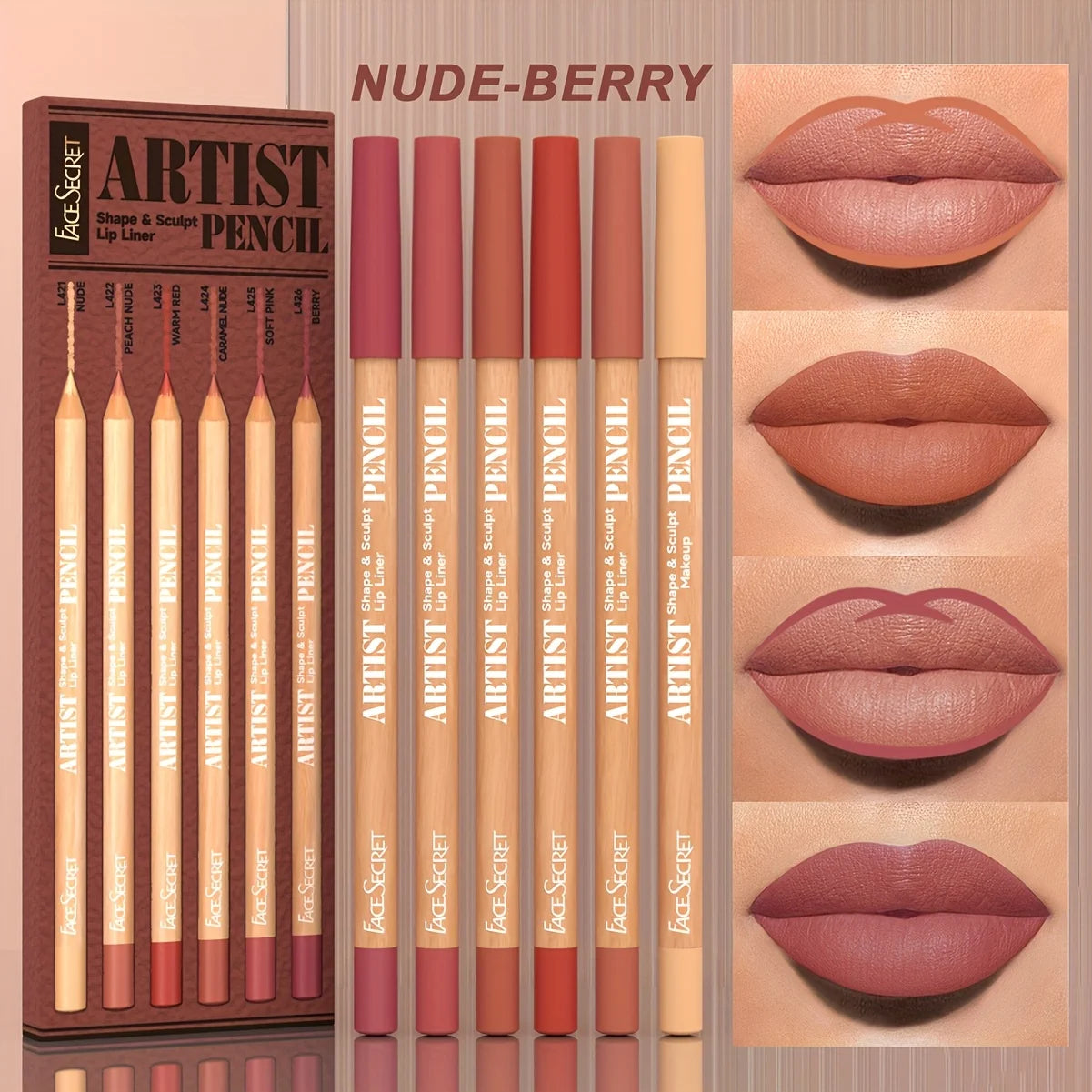 6pcs waterproof matte lip liner set in nude and berry shades with velvety texture for precise shaping and sculpting.