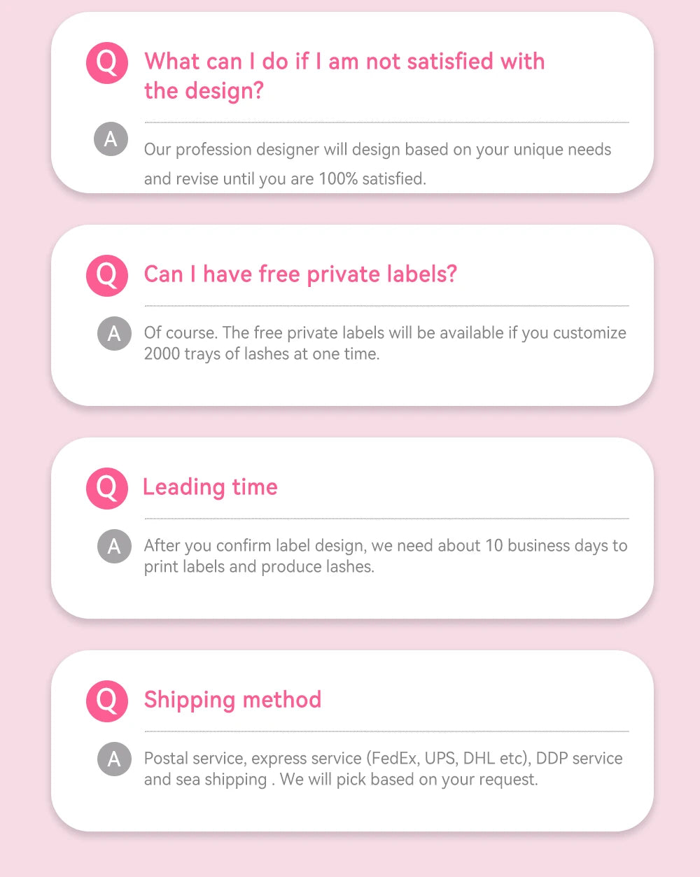 FAQ infographic for Yelix eyelash extensions covering design satisfaction, private labels, lead times, and shipping.