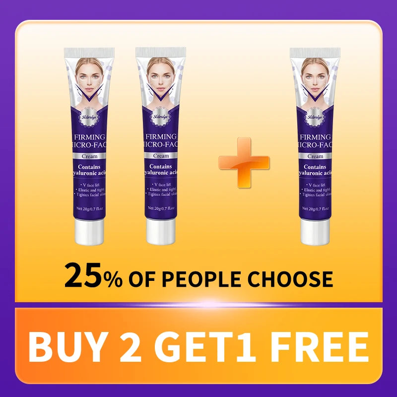 Three tubes of V-line firming face cream with purple packaging, labeled "Buy 2 Get 1 Free" on a yellow background.