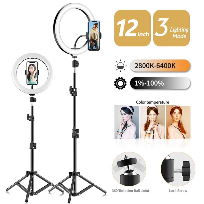 12-inch circular LED ring light with adjustable stand, phone holder, and color temperature controls for photography.