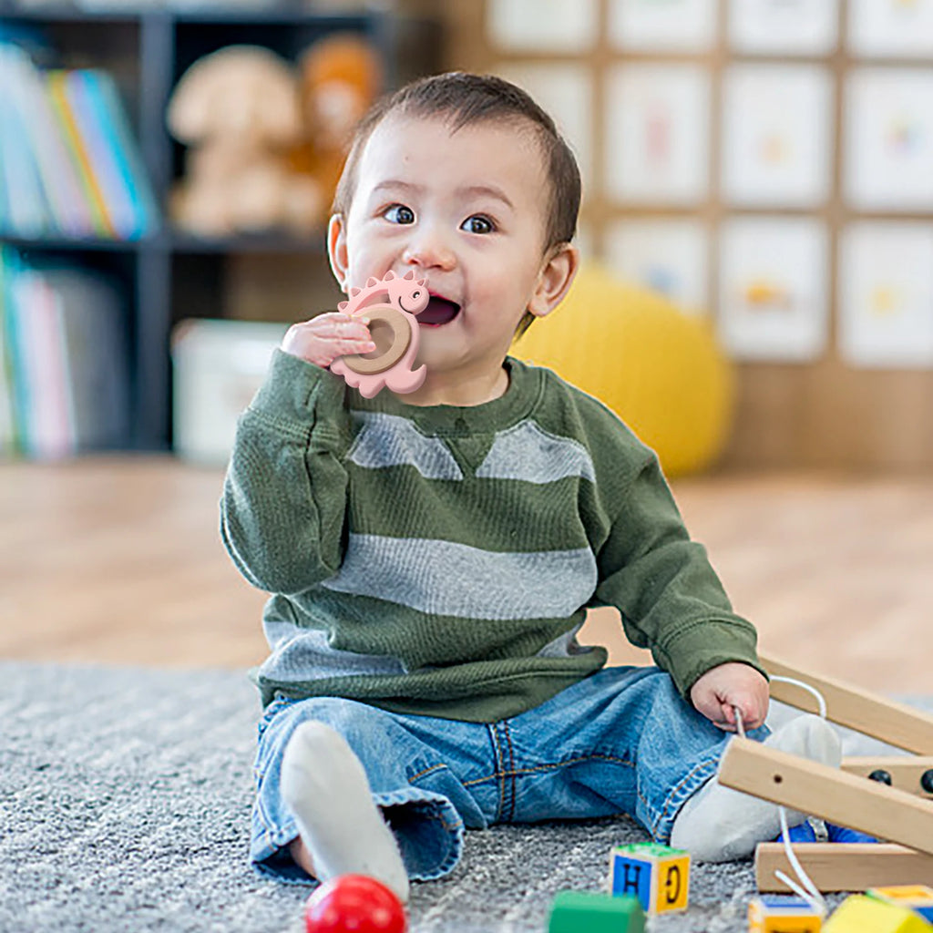 Baby Silicone Teether Toys,Perfect for Teething Toys 0-3-6 Months and Shower Gifts, BPA-Free, Ergonomic Dinosaur Wood Design.