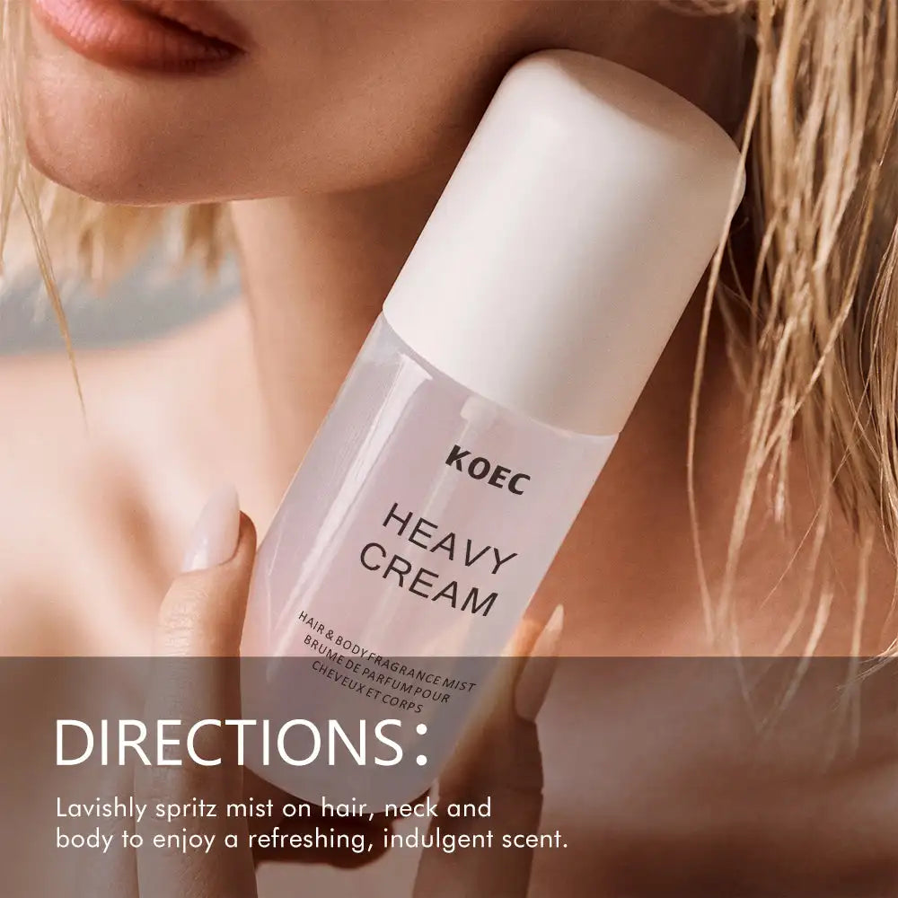 KOEC Heavy Cream 50ml fragrance mist: refreshing hair & body spray with jasmine, vanilla, lemon, and sugar notes.