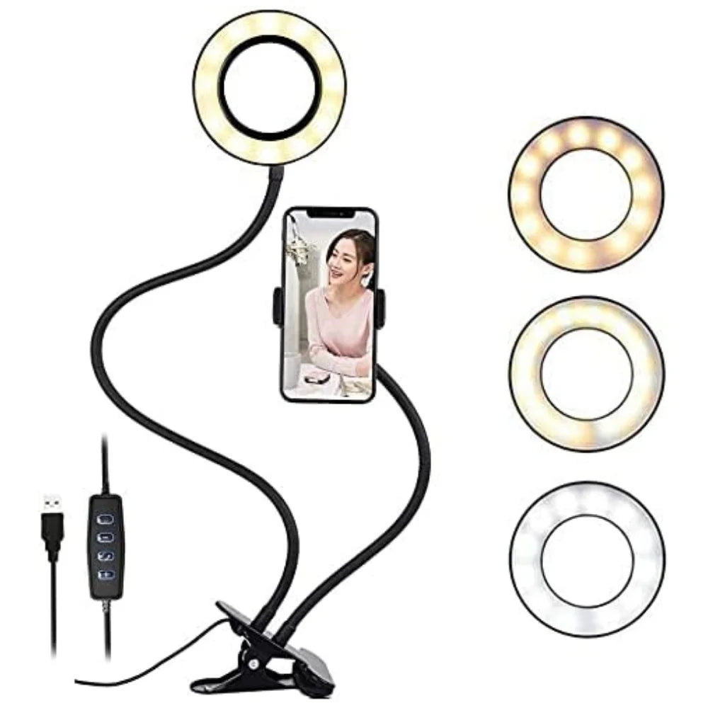 Black clip-on ring light with flexible gooseneck, phone holder, and USB controller for video calls and photography.
