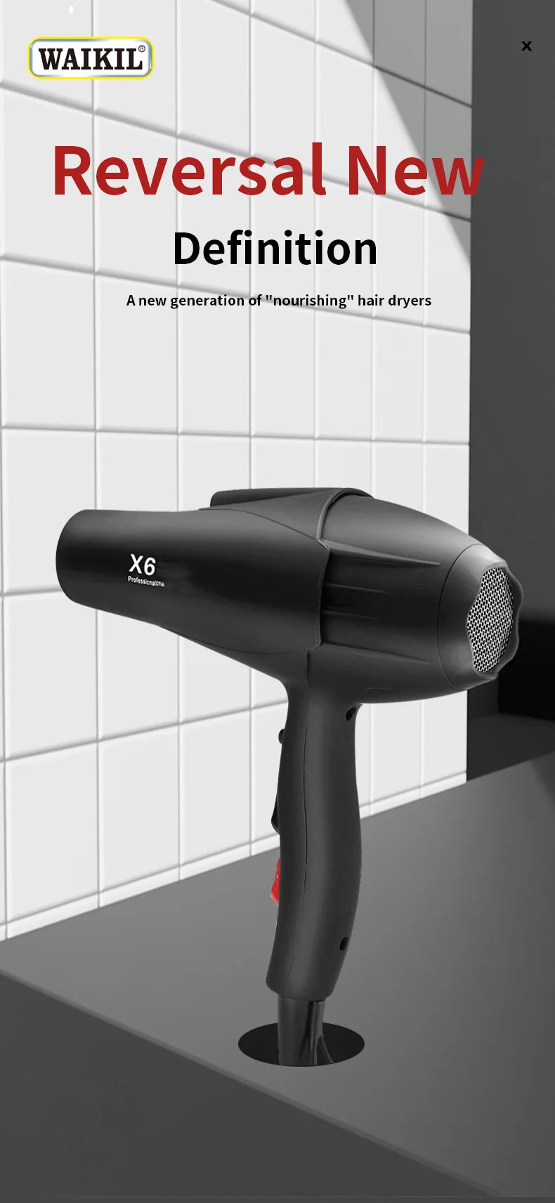 Waikil X6 2400W professional matte black hair dryer for fast salon-quality drying at home with sleek, ergonomic design.