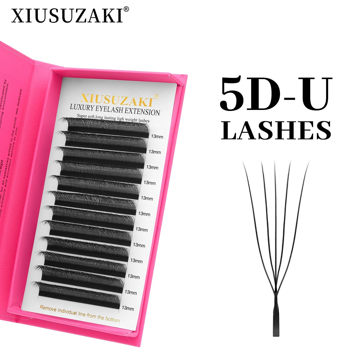 5D-U black individual lash extensions, 13mm length, in a pink storage tray for professional eyelash application.