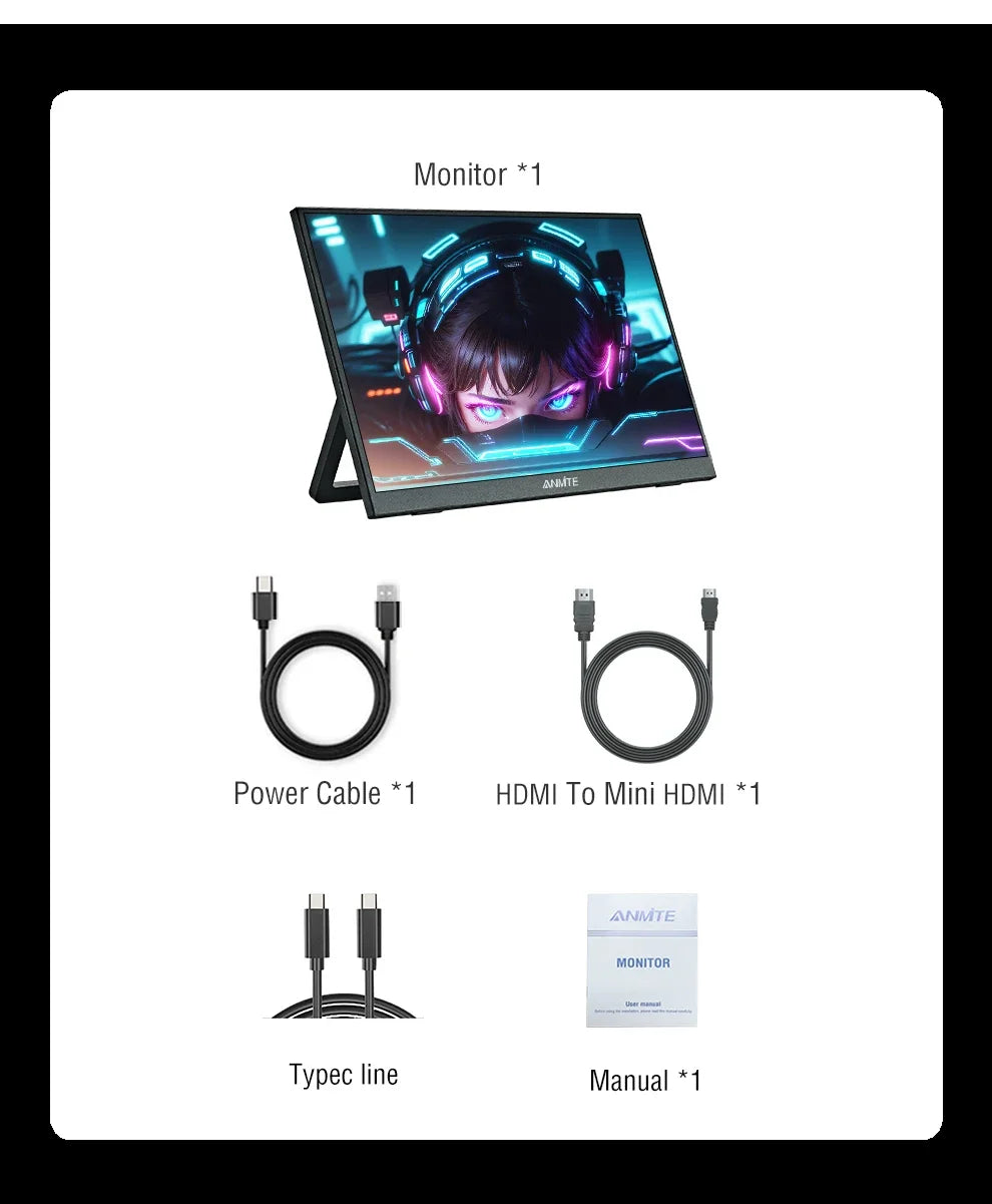 Anmite 16-Inch 144Hz Portable Touch Monitor Non-touch optional 1200P For XBox PS4 / 5 Switch Cell Phone PC Loptop Extension
