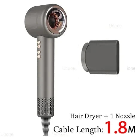 Grey 1600W leafless negative ion hair dryer with magnetic styling nozzle and ergonomic handle for professional styling.