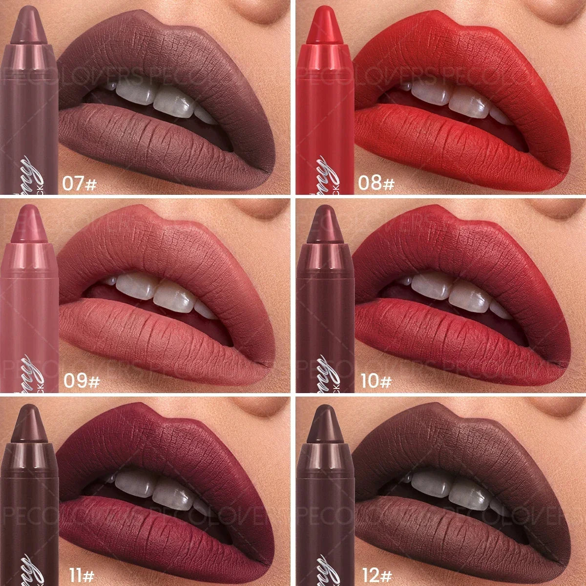 Soft matte lip crayon set in 6 shades, from nude to deep red, featuring highly pigmented moisturizing lip makeup.