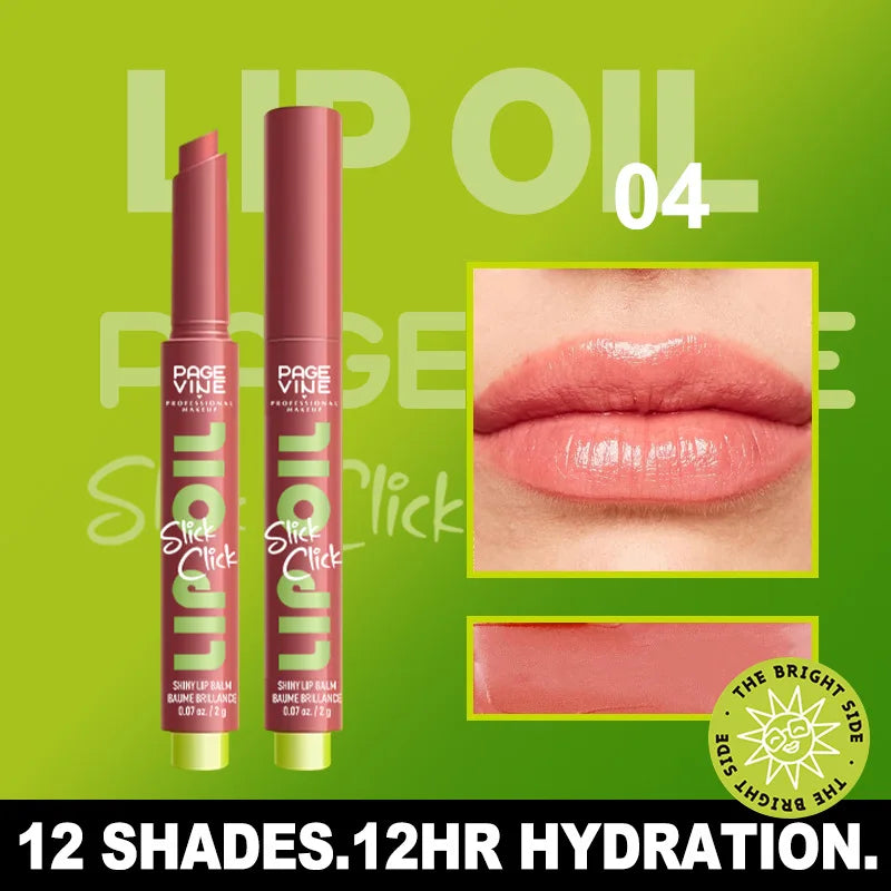 Click-press moisturizing lip oil in shade 04, featuring a glossy, hydrating formula for plump, non-fade lip makeup.