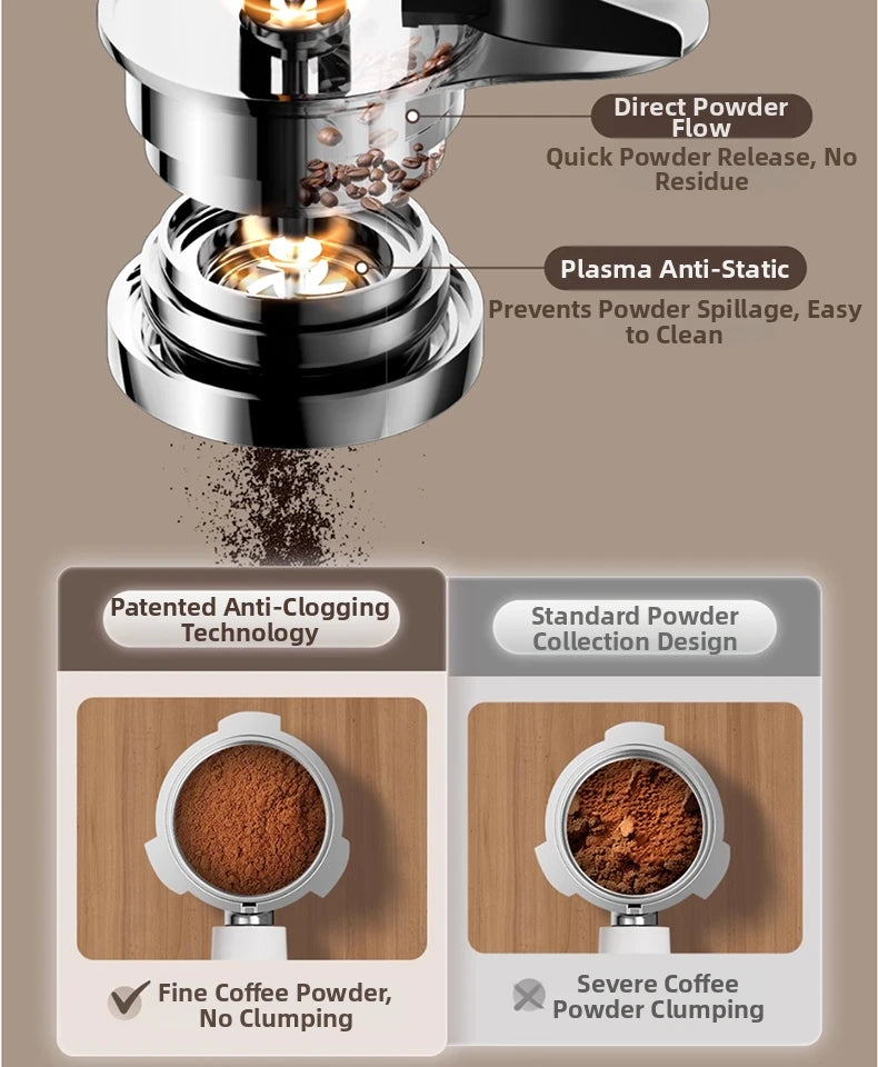 Silver metal coffee grinder accessory with anti-static technology and anti-clogging filter basket for smooth dosing.