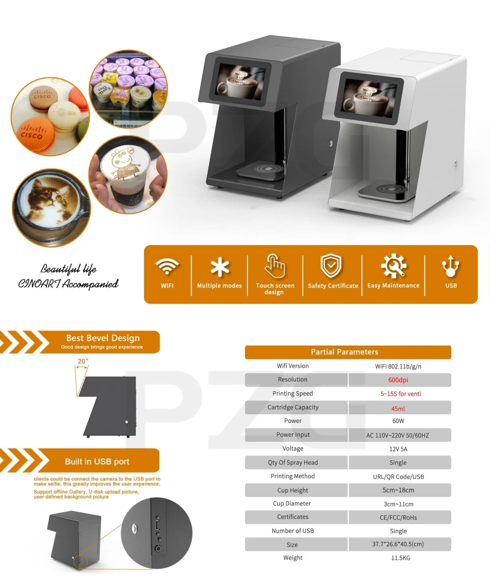 Cinoart coffee printer machine in grey and white with touchscreen, USB port, and edible image printing technology.