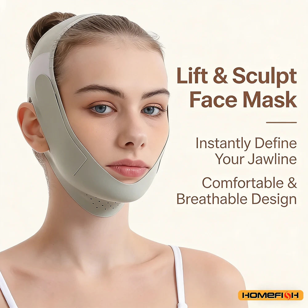 Woman wearing a light gray, adjustable elastic V-line jawline sculpting mask with perforations under the chin.