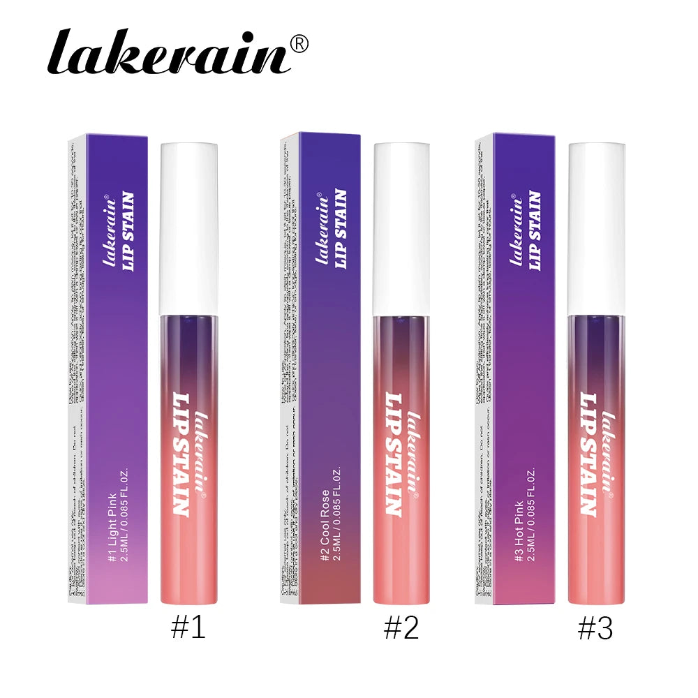 Lakerain waterproof peel-off lip stain set with matte finish in light pink, cool rose, and hot pink shades.